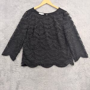 TALBOTS RSVP Black Lace Blouse Women's Medium Scalloped Hem 3/4 Sleeve Lined NWT